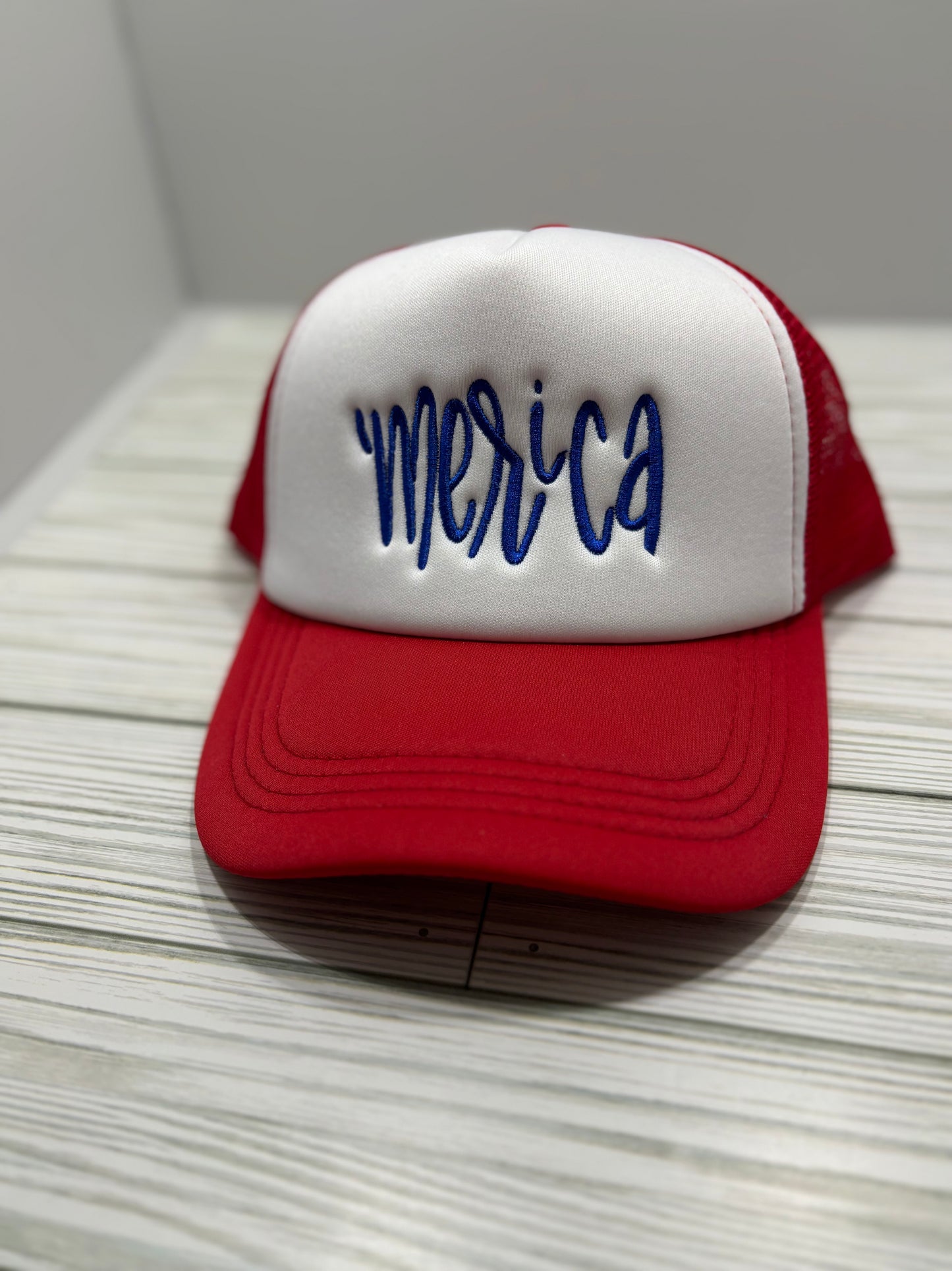 ‘Merica Embroidered Trucker Hat – Adjustable Red White & Blue Foam Front Cap | Patriotic Summer Hat