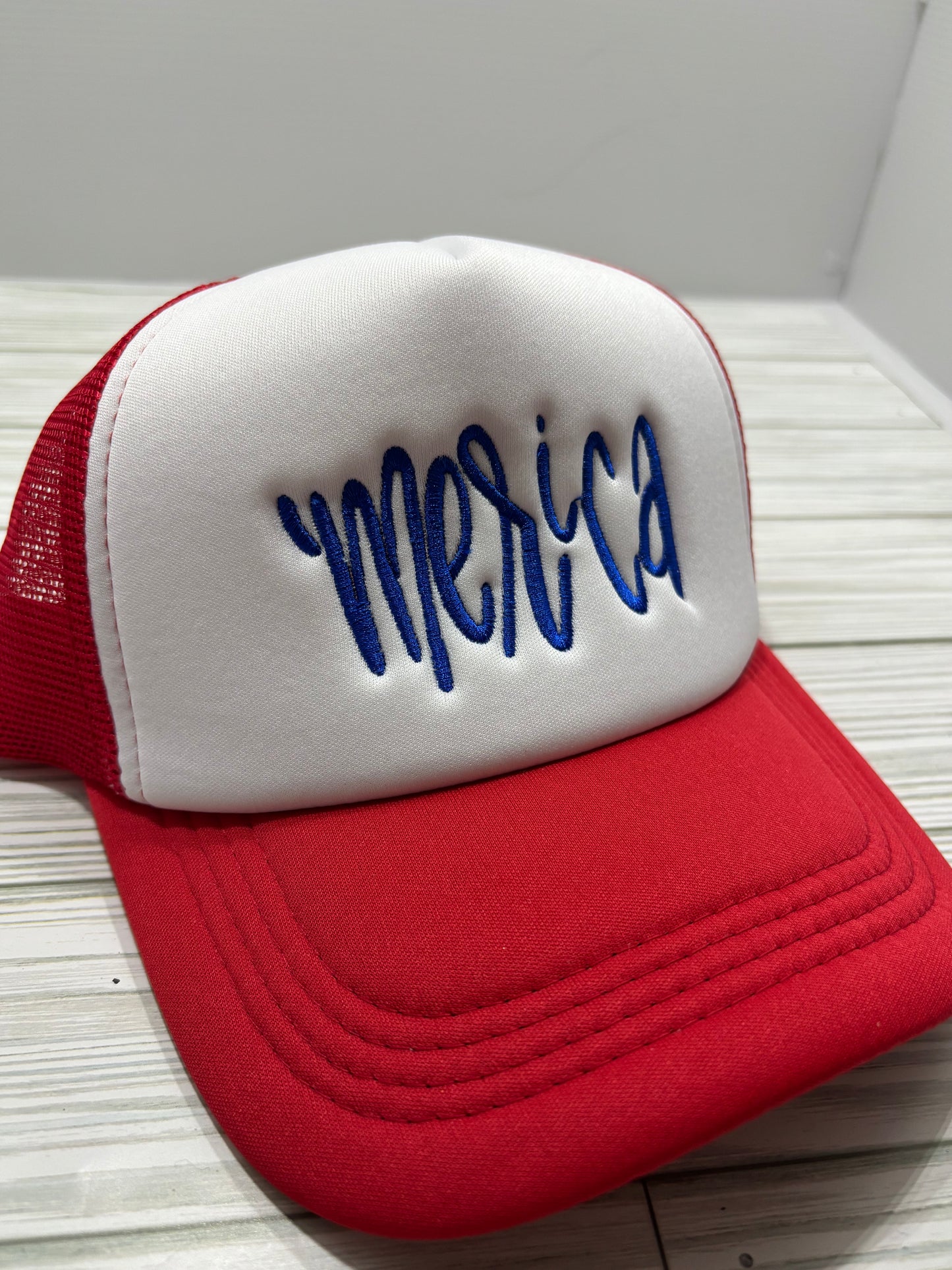 ‘Merica Embroidered Trucker Hat – Adjustable Red White & Blue Foam Front Cap | Patriotic Summer Hat
