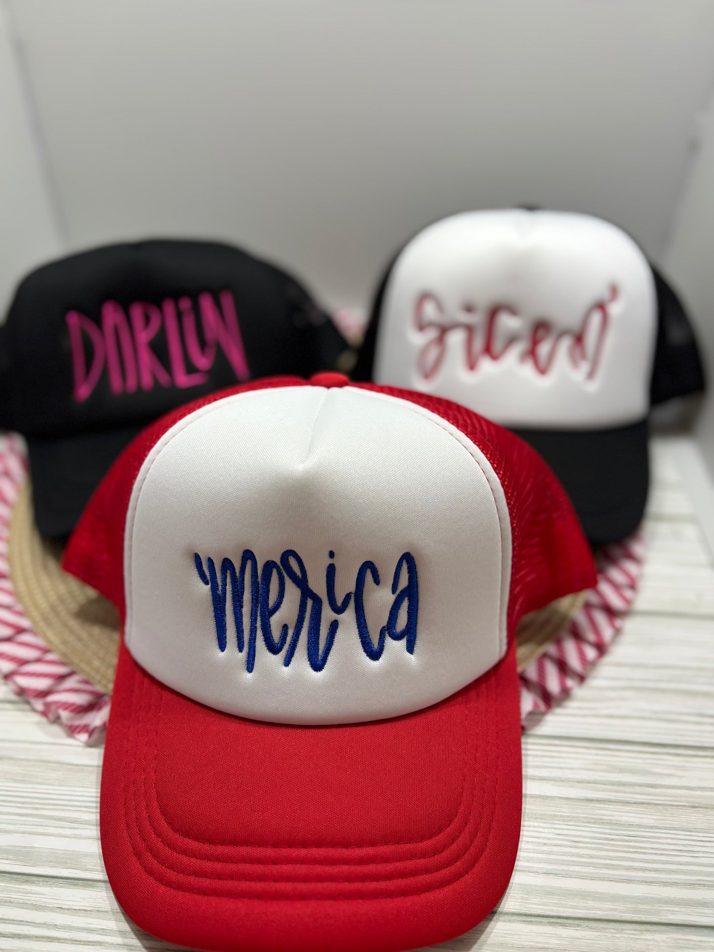‘Merica Embroidered Trucker Hat – Adjustable Red White & Blue Foam Front Cap | Patriotic Summer Hat